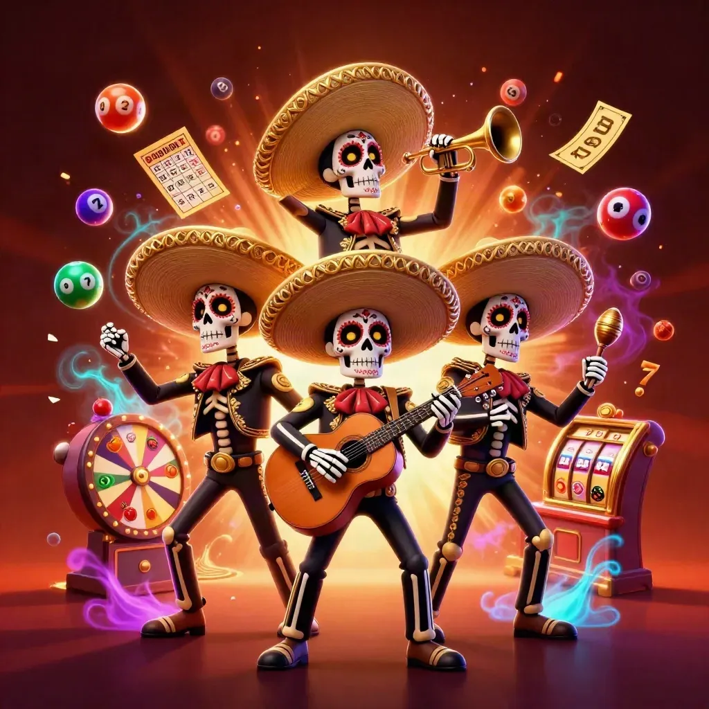 Tiga kerangka mariachi 3D dengan sombrero emas, dikelilingi bola lotre, roda hadiah, dan kilau neon.