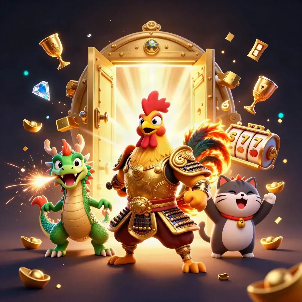 Ayam samurai, naga kecil, dan kucing keberuntungan di depan brankas emas meledak cahaya.