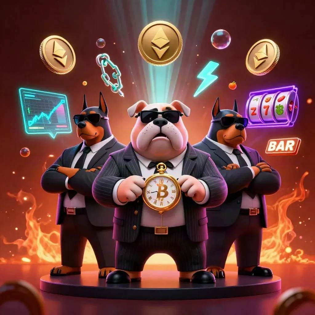 Bulldog mafia 3D dan dua doberman di tengah efek koin kripto, slot, dan cahaya neon.