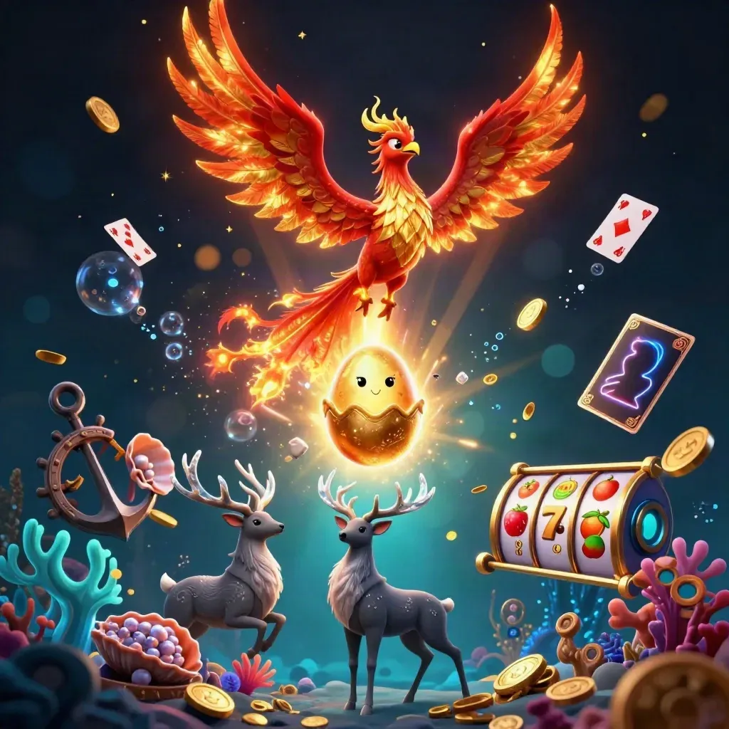 Phoenix, rusa kristal, dan bayi phoenix di antara harta karun bawah laut neon.