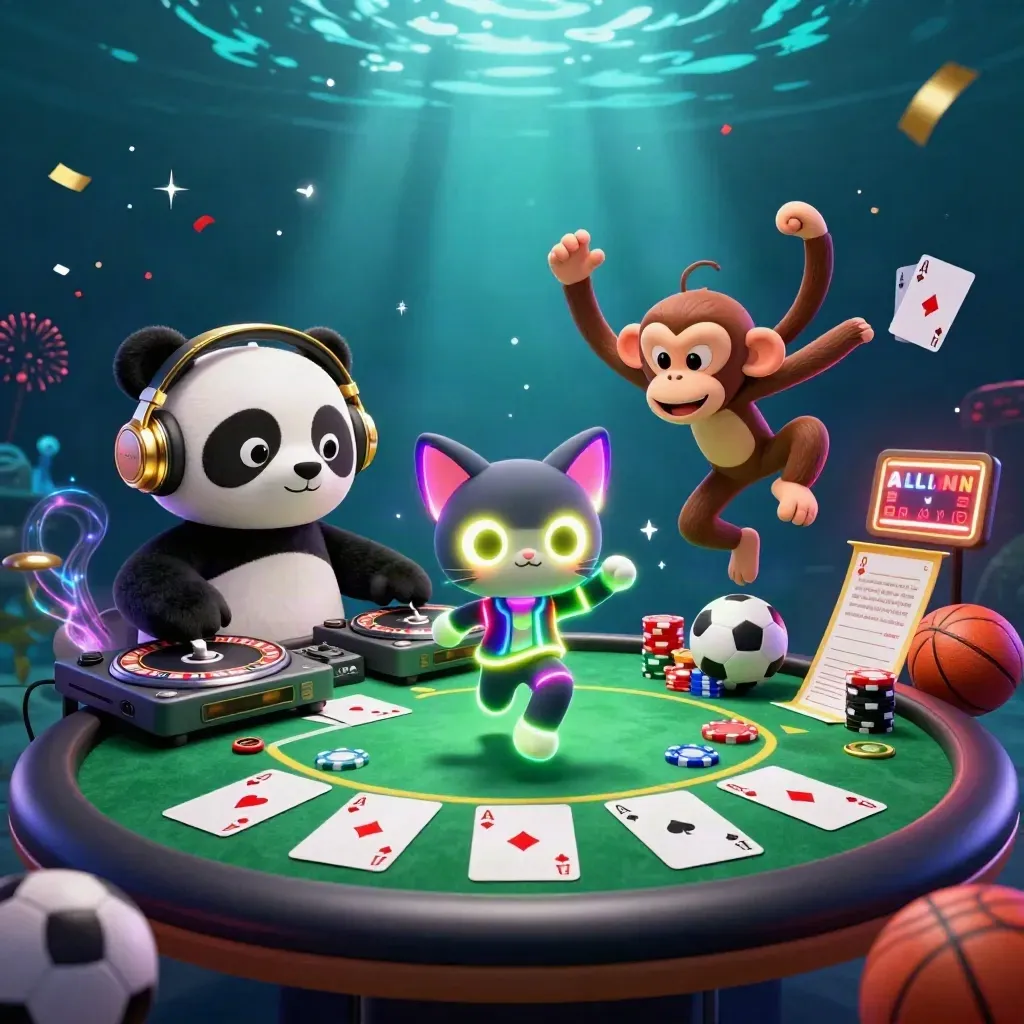 Panda DJ, monyet breakdance, dan anak kucing neon di meja poker kasino futuristik.