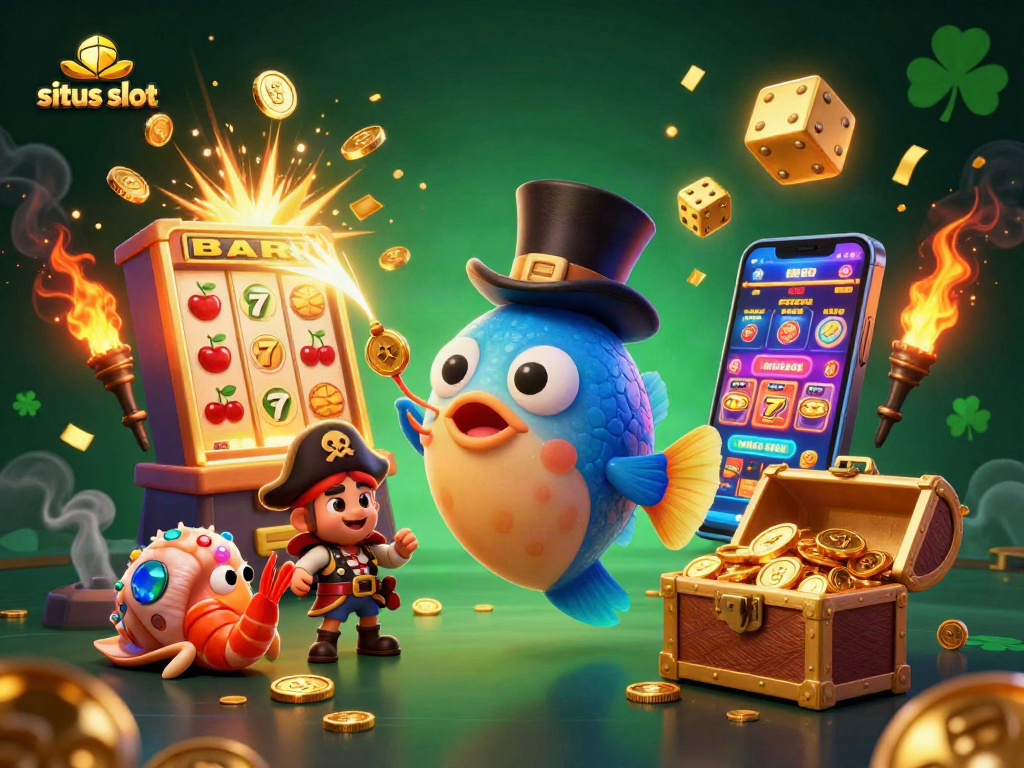 Experience situs slot adventure with whimsical sea creatures and vibrant casino elements in dynamic illustration.