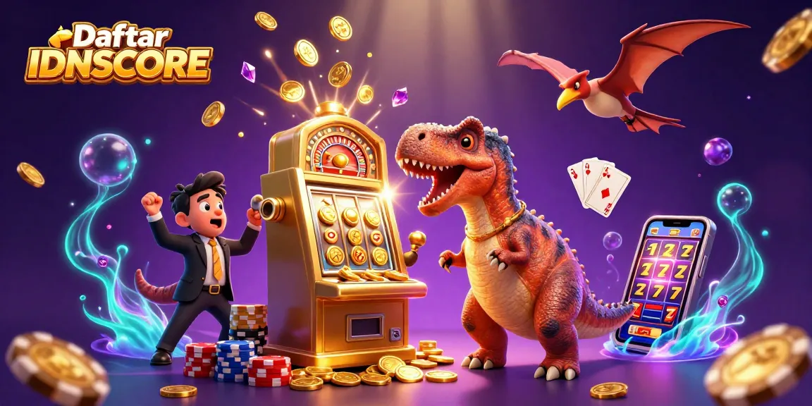 Engage in jackpots and thrills at Daftar IDNSCORE with a vibrant casino-themed 3D scene.