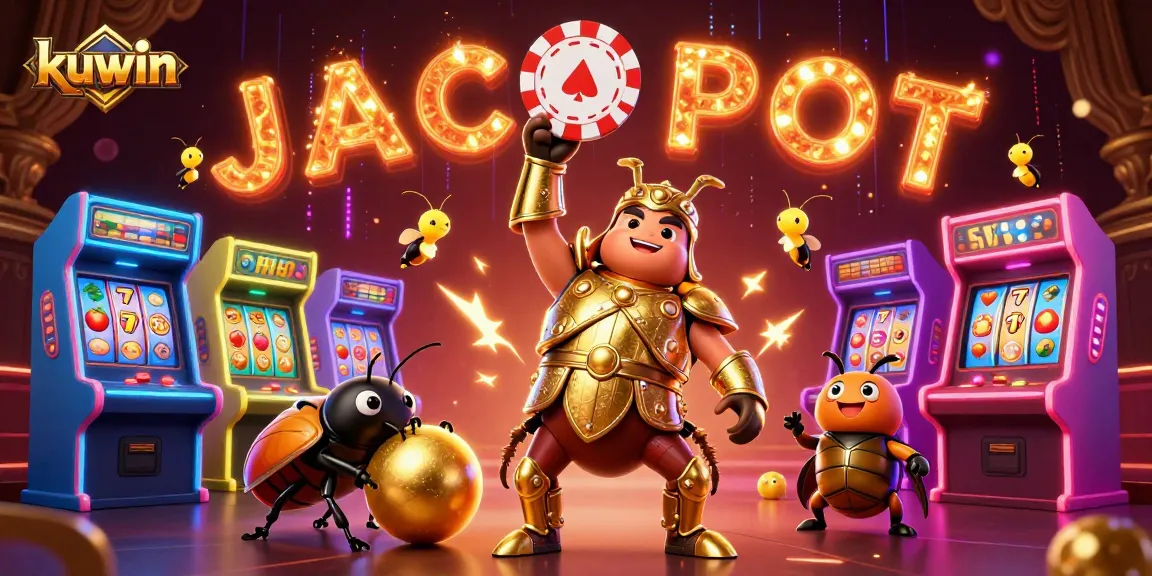 Kuwin's beetle champions lift a poker chip in victory, surrounded by vibrant casino elements and big wins.
