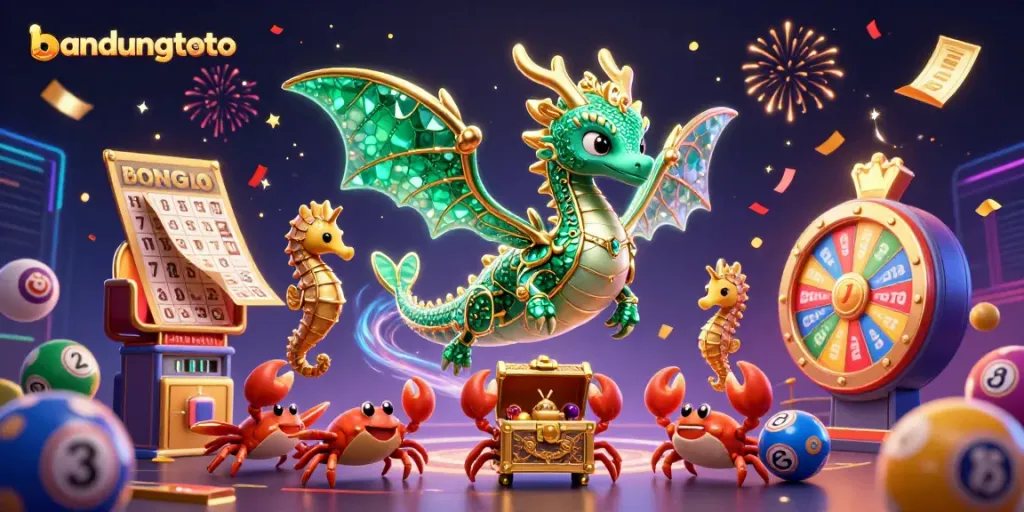 Join the excitement of bandungtoto with a vibrant 3D illustration of a dragon, sea creatures, and lottery elements.