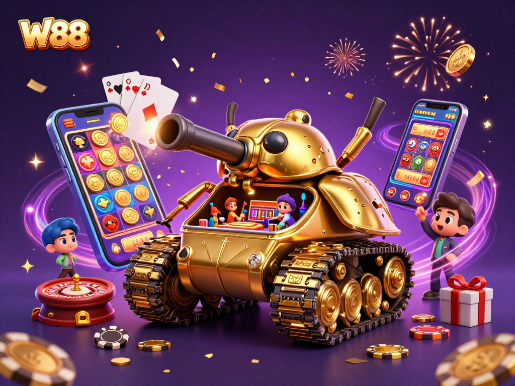 Spin to win at W88 with a golden casino beetle tank shooting coins and confetti.