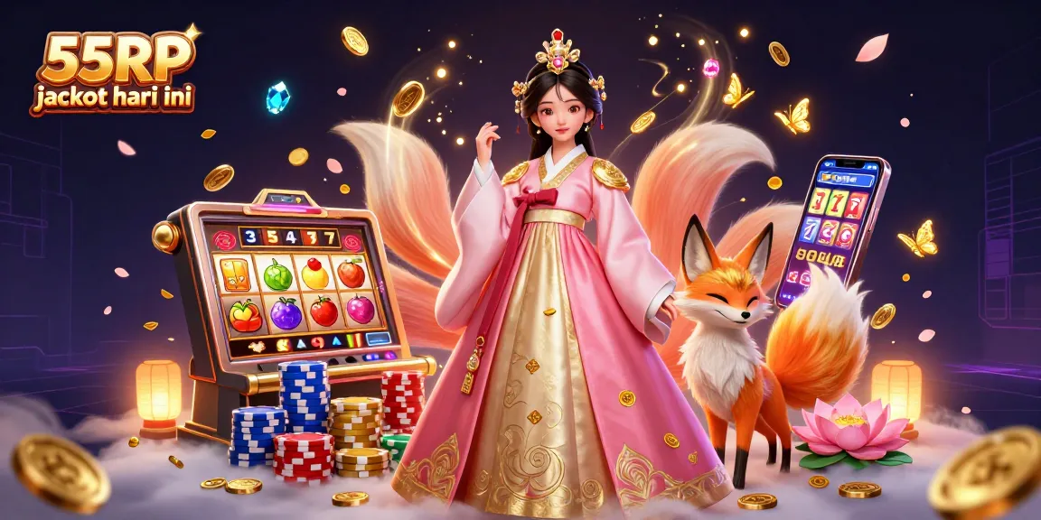 Experience the thrill of 55RP jackpot hari ini with an elegant Asian woman, lucky fox, and vibrant casino elements.