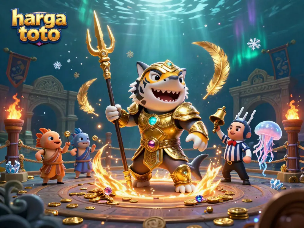 Memenangkan hadiah besar dengan harga toto, ilustrasi kasino 3D menampilkan hiu kartun bersenjata dan penonton ikan.