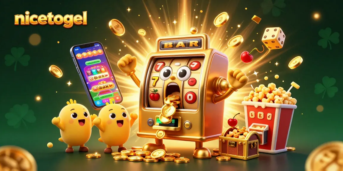 Experience the thrill with nicetogel's slot machines celebrating a huge jackpot amidst golden coins.
