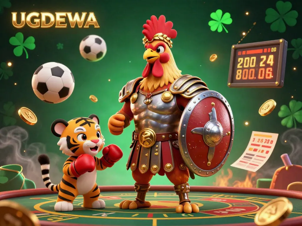 UGDEWA showcases a vibrant casino scene with a gladiator rooster and betting elements for an engaging betting experience.