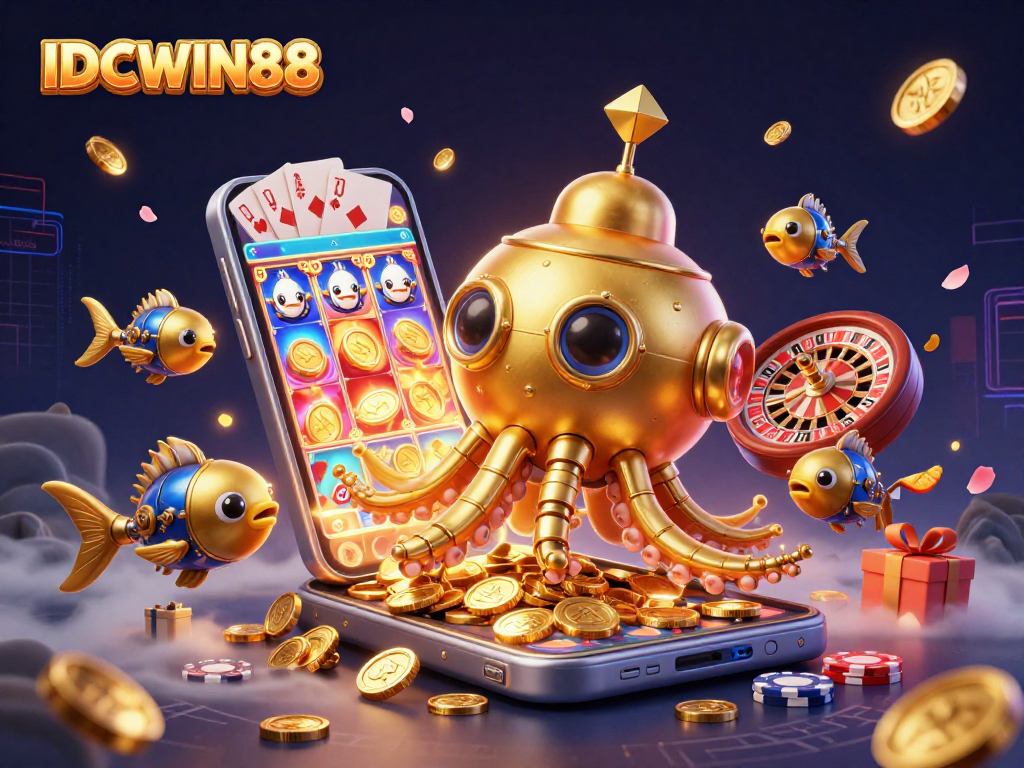 Engage with IDCWIN88's vibrant illustrated casino scene filled with thrilling slot games and golden treasures.
