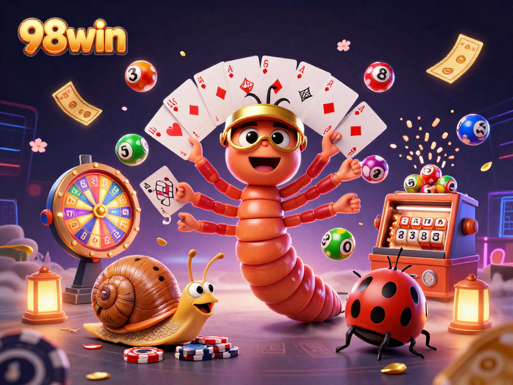 Experience the excitement of casino gaming with 98win, featuring a vibrant scene of a millipede dealer and high-roller.