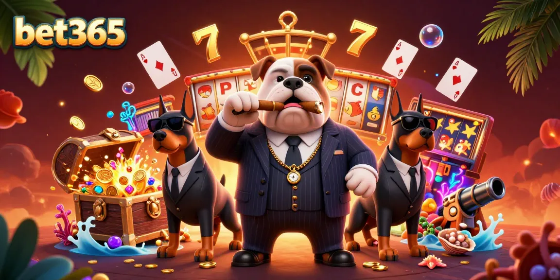 Experience thrilling slots action with bet365's vibrant casino illustration featuring a mafia bulldog.