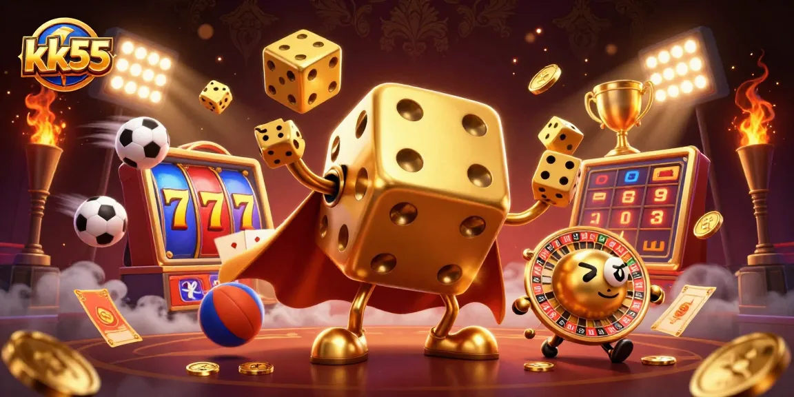 Immerse yourself in the captivating world of kk55 with golden dice golems and vibrant gaming elements.