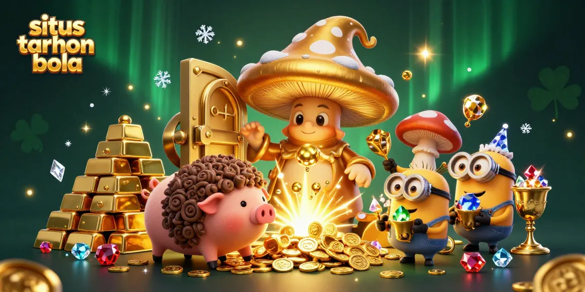 situs taruhan bola featuring a golden mushroom wizard casting spells with gems, gold coins, and rich treasure
