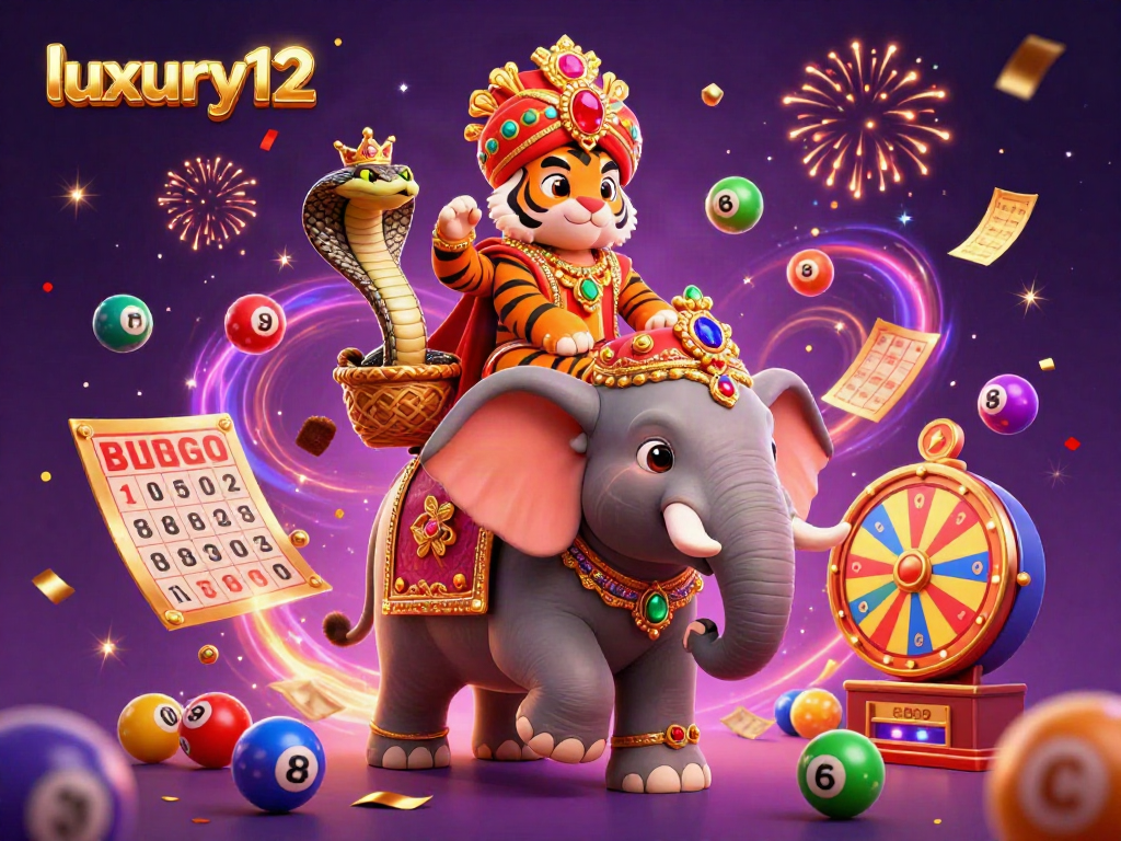 Experience the excitement of luxury12 with a vibrant scene of lottery elements and colorful characters in this casino illustration.