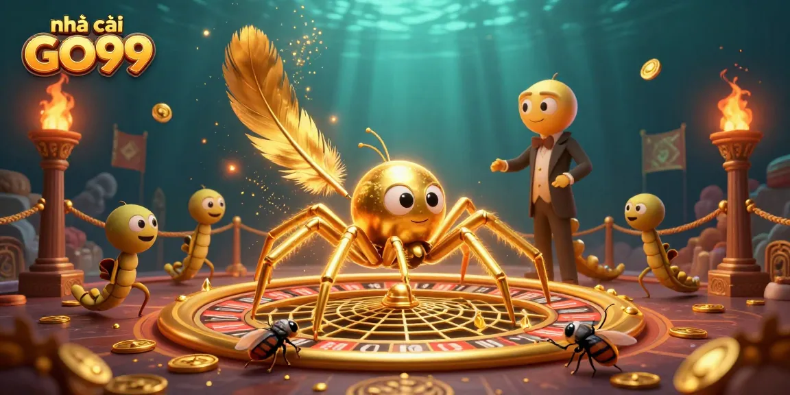 Place bets at nhà cái GO99 in a vibrant, animated casino scene with characters and golden elements.