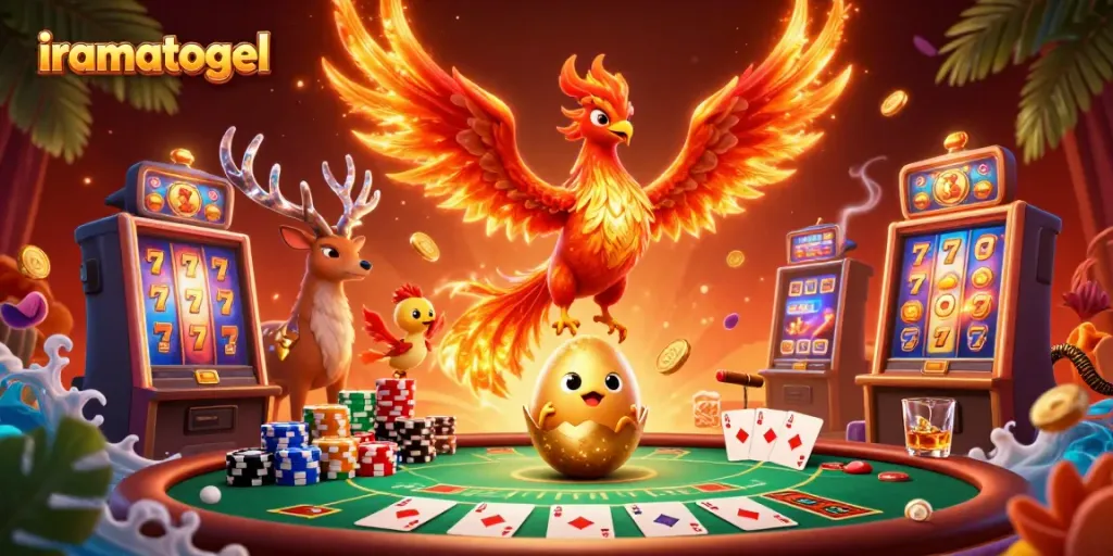 Play slot games featuring iramatogel with a phoenix and stag in an enchanting casino setting.