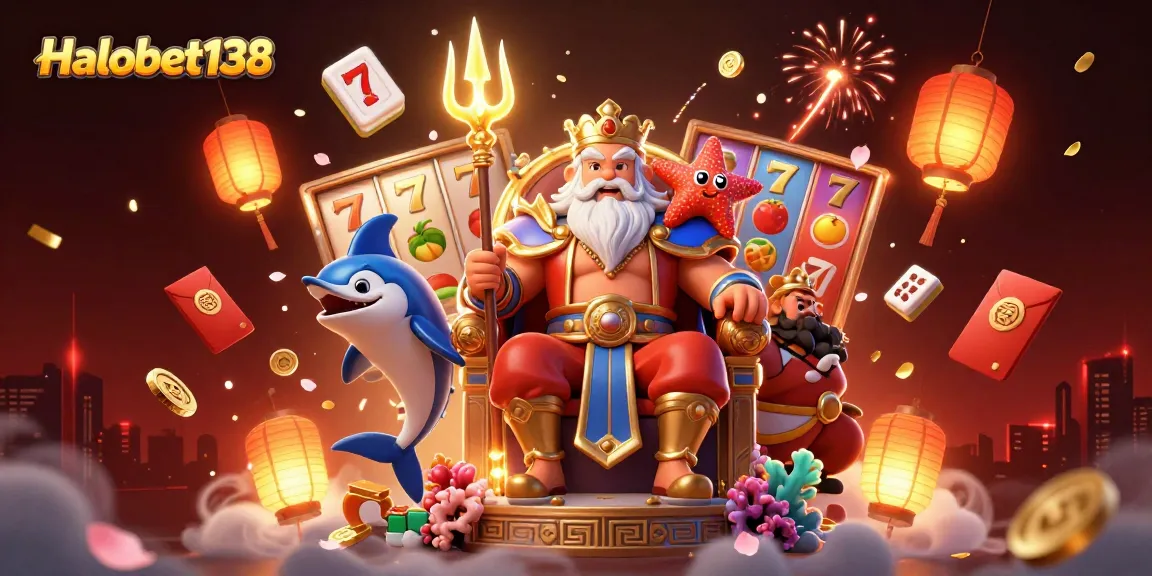 Permainan slot Halobet138 dengan hadiah jackpot menggiurkan, dikelilingi elemen beruntung dan suasana meriah.