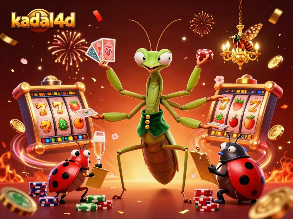 Experience thrilling gameplay with kadal4d's vibrant online casino scene full of spinning slots and joyful characters.