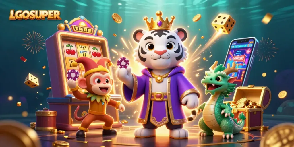 Engage with LGOSUPER as a playful jester monkey juggles casino chips amidst vibrant slot machines.