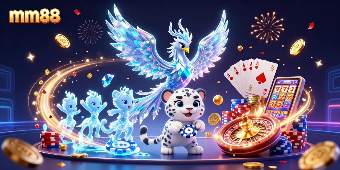 mm88 features an ice phoenix, snow leopard, and ice sprites amidst a vibrant casino scene.