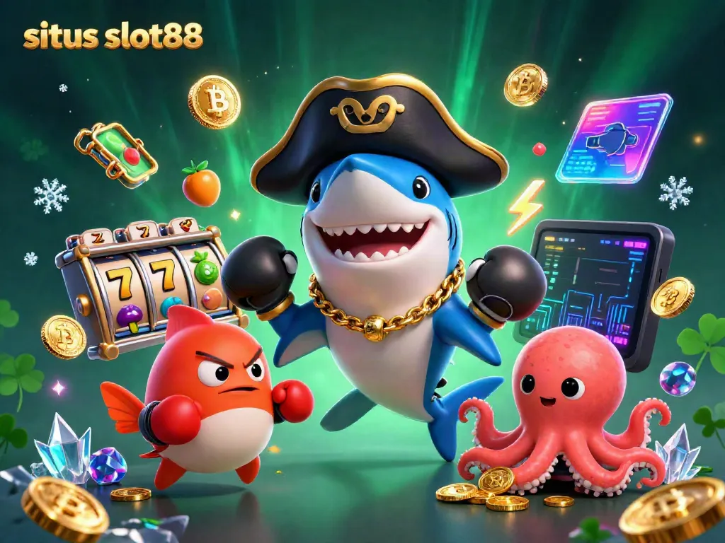 Experience the thrill of situs slot88 with a dynamic scene of colorful characters, coins, and slot elements.