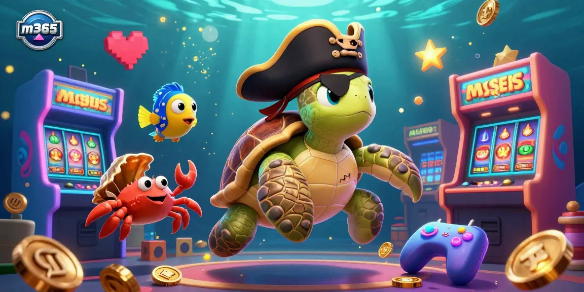A pirate turtle and friends celebrate m365 gaming with vibrant colorful casino elements.