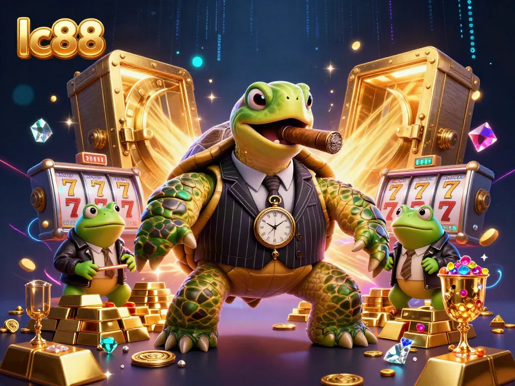 Experience the lc88 thrill with an extravagant illustration of a casino scene featuring a turtle mobster and treasure!