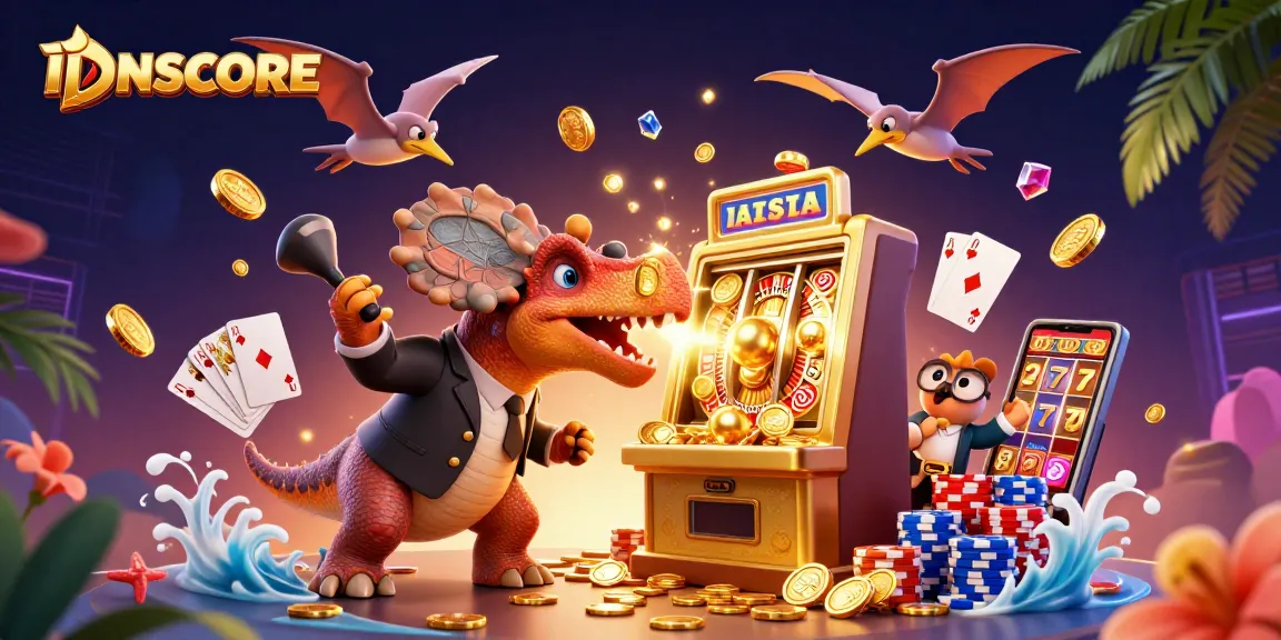 IDNSCORE showcases a dynamic scene of a pachycephalosaurus winning jackpots at a golden slot machine while an ankylosaurus manages chaos and a pteranodon captures coins.