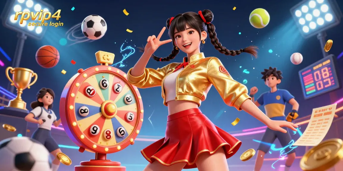 Experience rpvip4 secure login with vibrant casino action incorporating colorful lottery balls and sports elements.