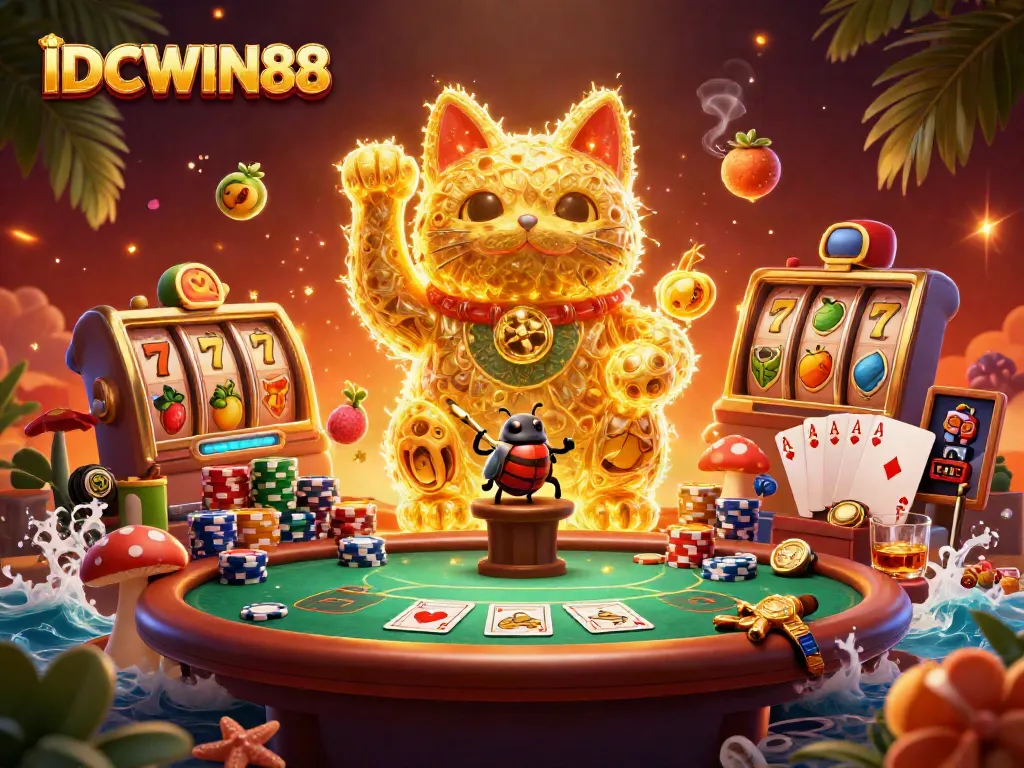 Experience the magic of IDCWIN88 with a giant lucky cat and vibrant casino symbols in a dynamic scene.