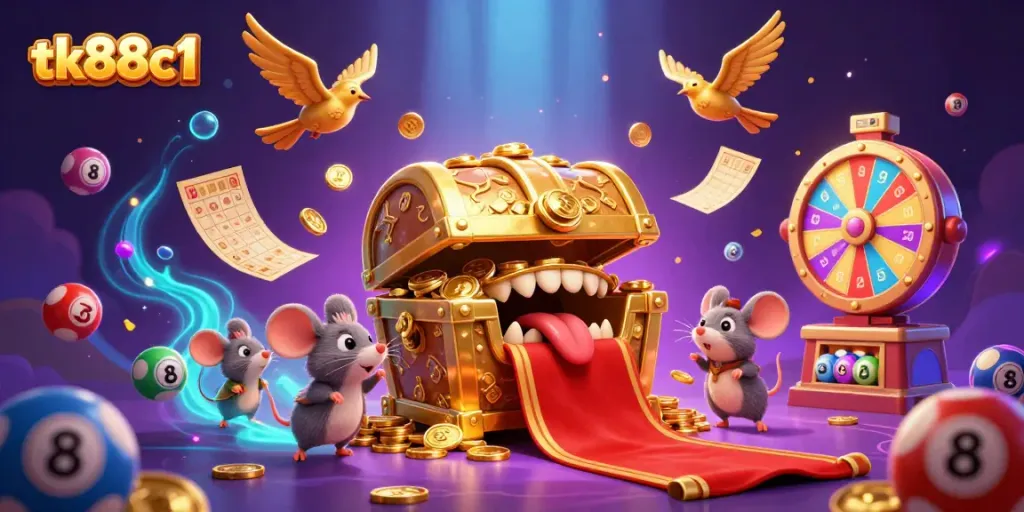 Engage with the thrilling tk88c1 casino scene where adventurer mice are lured by a golden treasure chest, surrounded by colorful lottery elements.