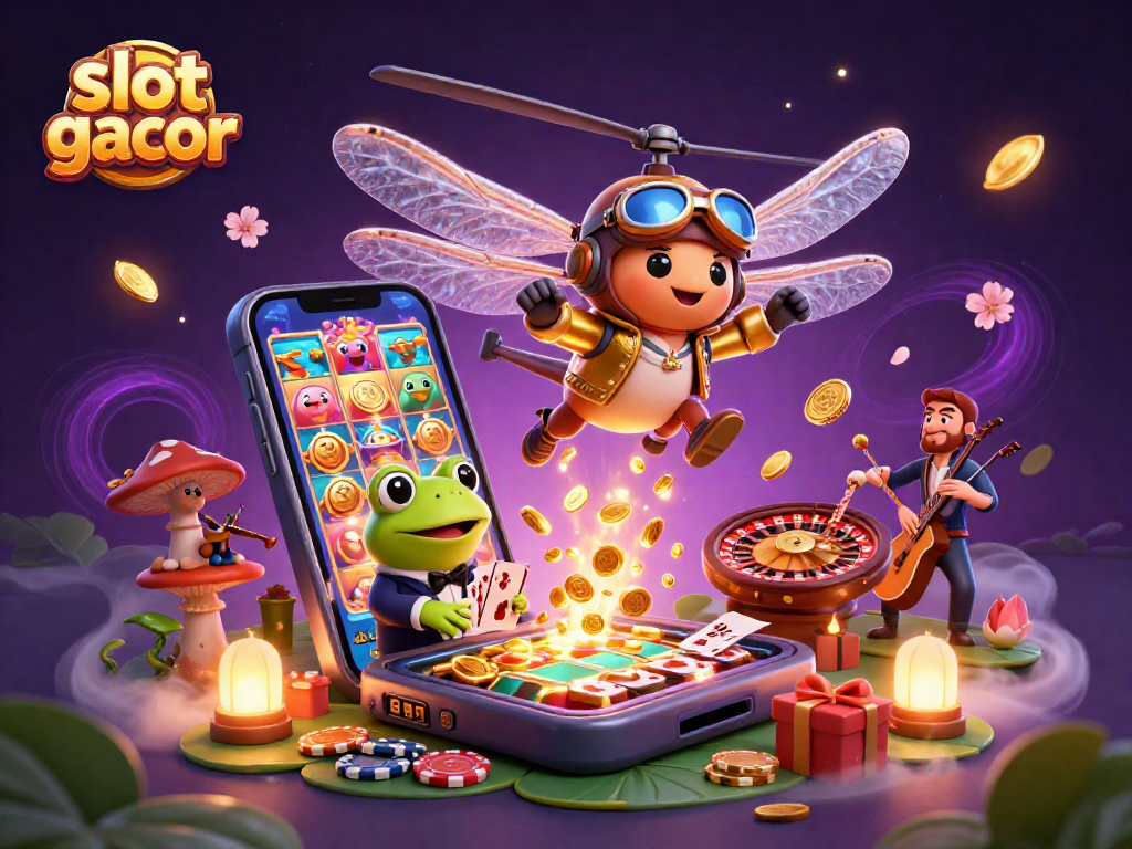 Mainkan slot gacor dengan ilustrasi kasino yang ramai dan karakter komedi dalam suasana yang magis.