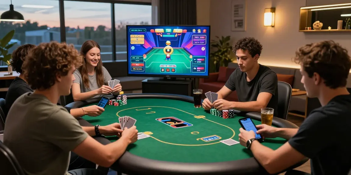 Situs Poker Online Resmi Domino88 vibrant game scene with friends playing poker around a stylish table, showcasing excitement in a modern setting.