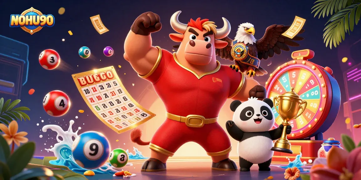 Experience NOHU90 with vibrant lottery action in a dynamic casino scene featuring mascots.