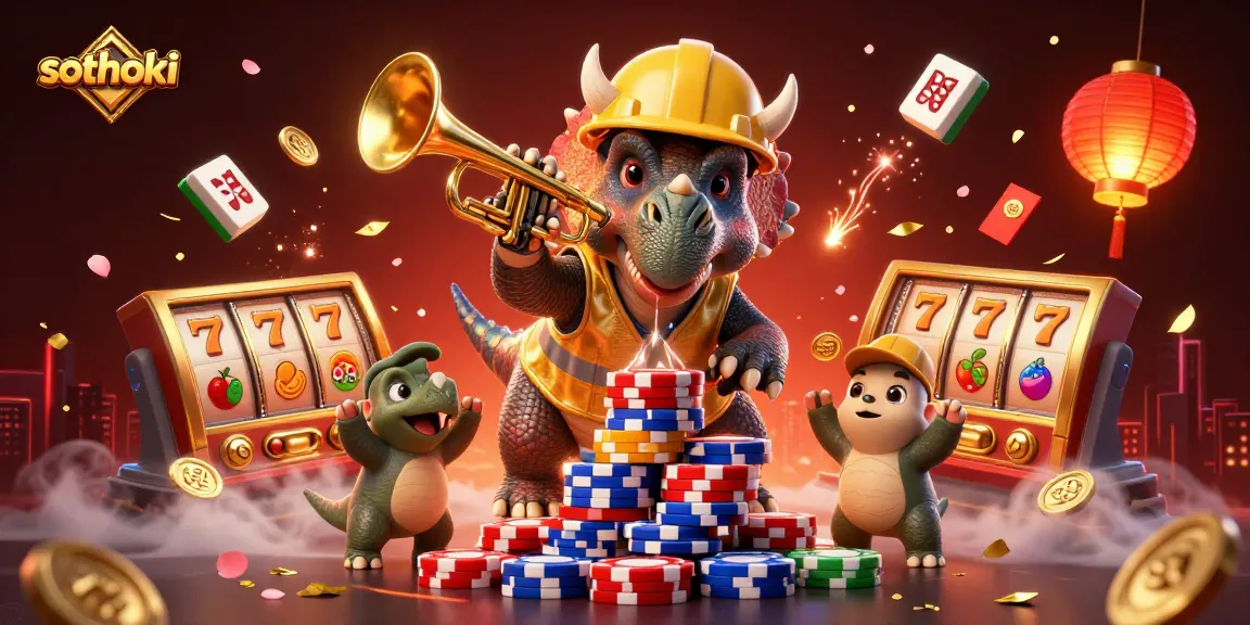 Gambarkan slothoki saat bermain slot dengan chip poker dan kembang api, menyajikan suasana perjudian yang meriah.