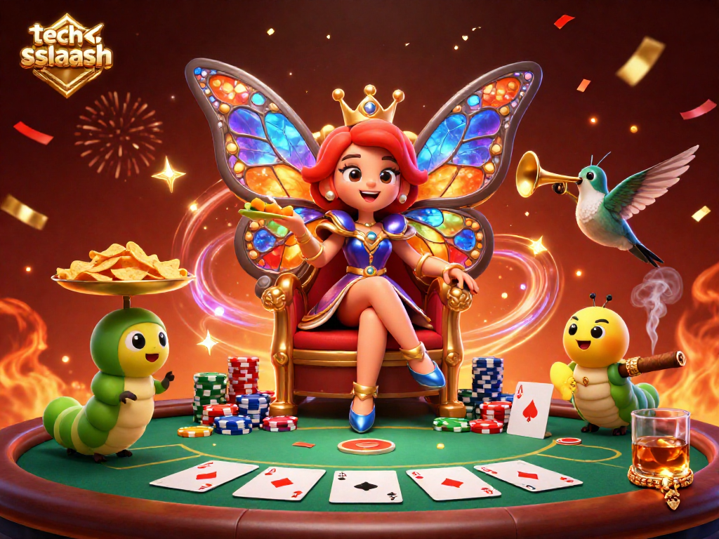 Engage with techsslaash gaming via a colorful vibrant casino scene featuring a butterfly queen and poker elements.