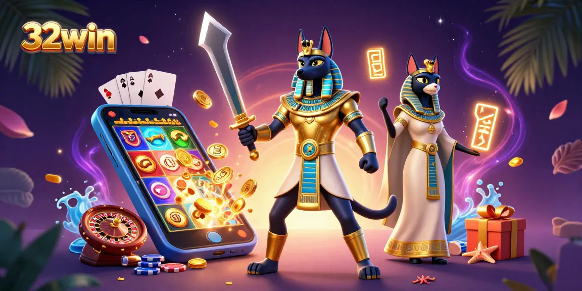 Experience thrilling wins with 32win in a vibrant 3D casino illustration featuring Anubis and Bastet.