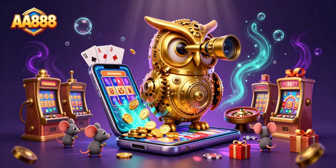 Experience AA888's dynamic casino atmosphere with a clockwork owl and vibrant gaming elements.