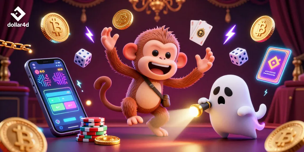 Dive into thrilling gameplay with dollar4d, showcasing a playful poltergeist monkey juggling casino tokens in a haunted atmosphere.