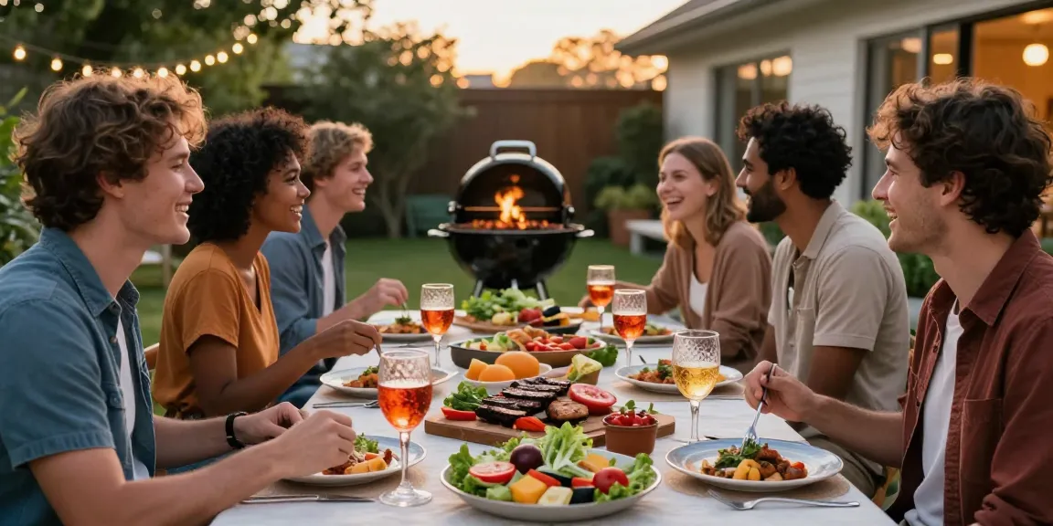 Kumpulan teman menikmati hidangan BBQ di halaman belakang, menciptakan suasana hangat dan bersahabat dengan Link BOS88 yang terpopuler.