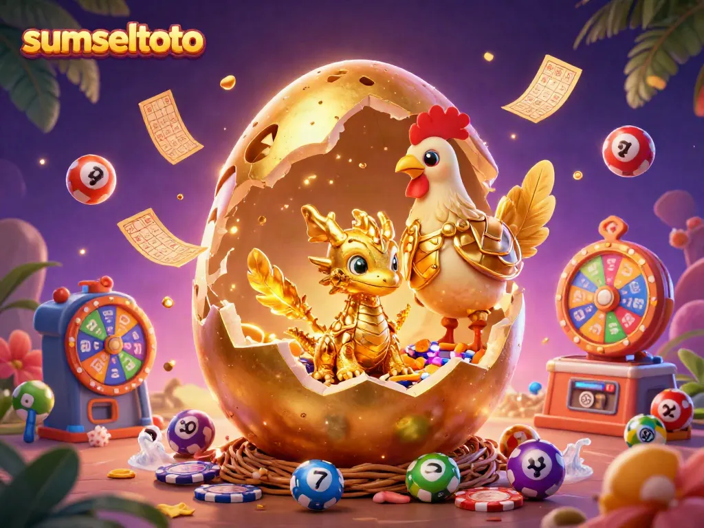 Sumseltoto's thrilling gaming scene with a golden dragon and lottery elements raining down.