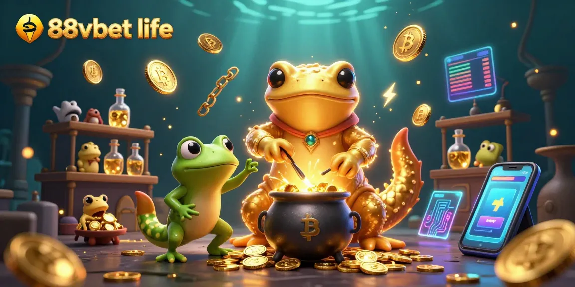 Experience thrilling gaming at 88vbet life with a magical alchemist scene featuring gold and cryptocurrency elements.