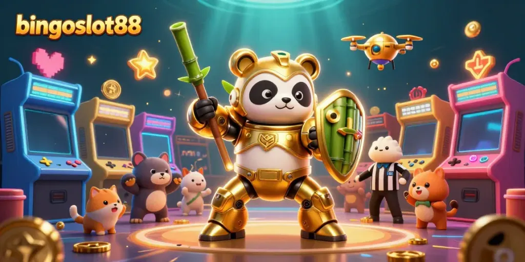 Bermain di bingoslot88 mengasyikkan dengan panda emas dan robot bertema kasino.