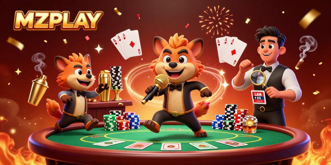 Experience the vibrant MZPLAY comedy casino club with hyena characters enjoying poker and fun!
