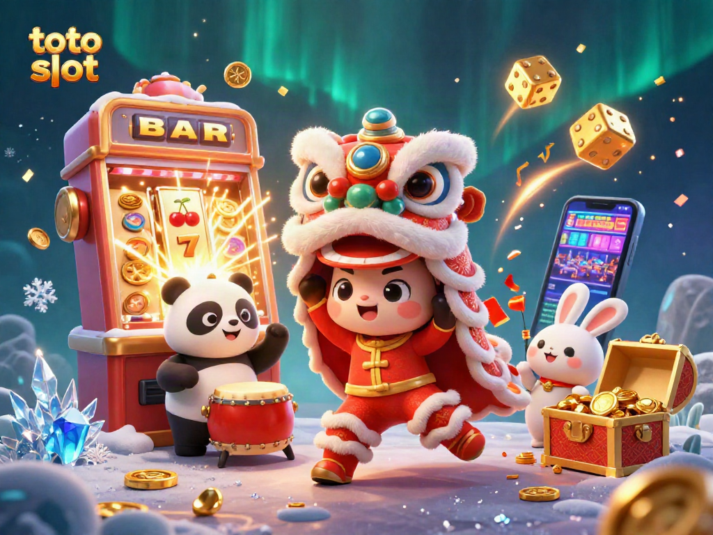 Mengguncang dunia slot dengan toto slot, simbol keberuntungan dan kemenangan berkilauan mengelilingi.