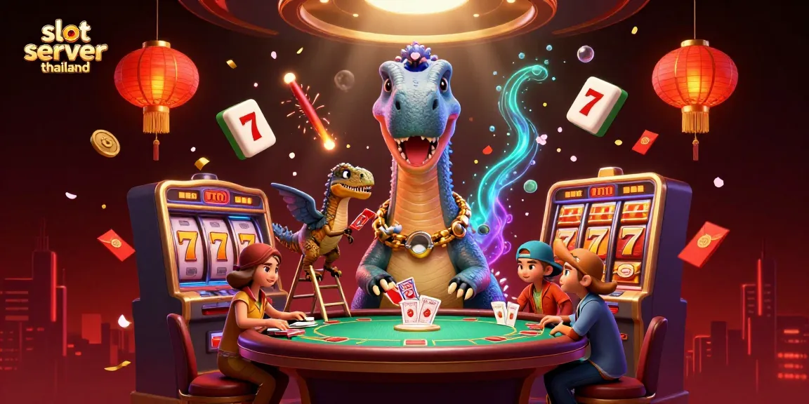 Experience slot server thailand excitement with a giant brontosaurus and raptor dealing cards in a vibrant casino scene.
