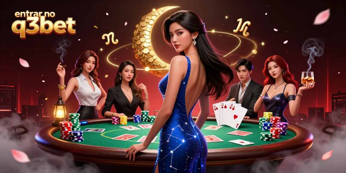 Enter the exciting world of Q3BET with elegant casino-themed illustration full of vibrant game elements.