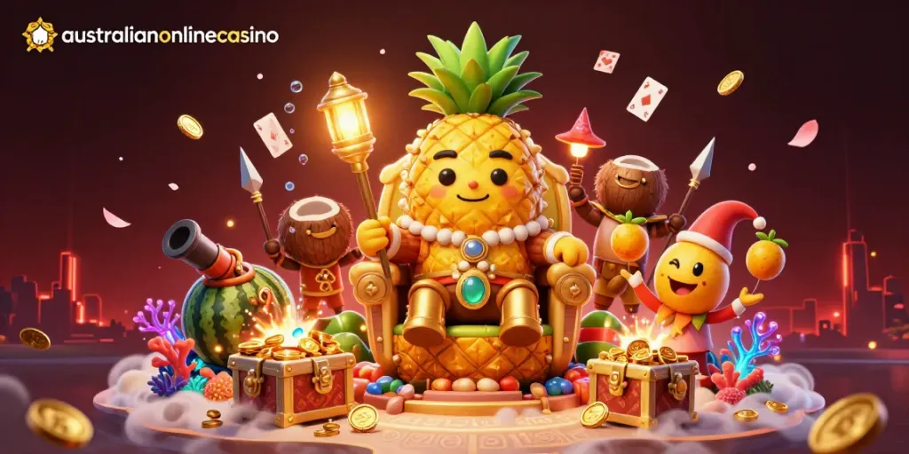 Experience the excitement at australianonlinecasino with vibrant characters and gaming elements in a fantasy casino scene.